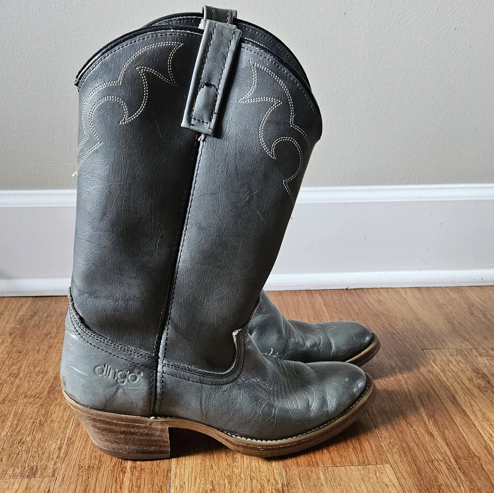 Vintage DINGO 5965 Gray Distressed LEATHER Western Cowboy Boots Mens Size 8 D